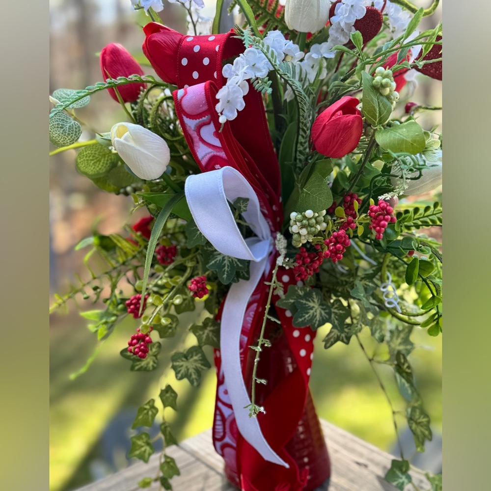 Red and White Real Touch Tulip Floral Arrangement - Picture 4 of 10